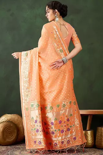 Orange woven design banarasi saree with blouse piece