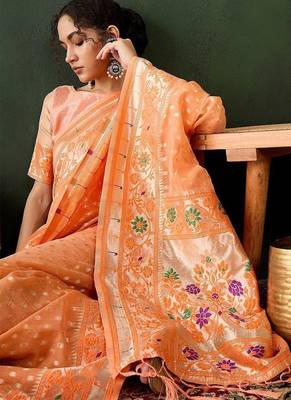 Orange woven design banarasi saree with blouse piece 5