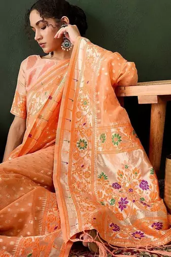 Orange woven design banarasi saree with blouse piece