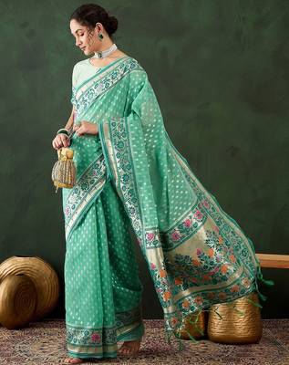 Sea green woven design banarasi saree with blouse piece 1