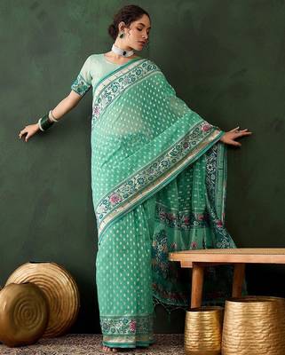 Sea green woven design banarasi saree with blouse piece 2