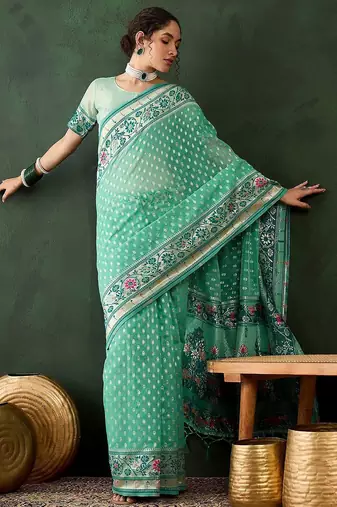 Sea green woven design banarasi saree with blouse piece
