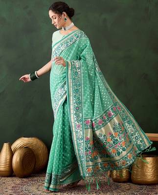 Sea green woven design banarasi saree with blouse piece 3