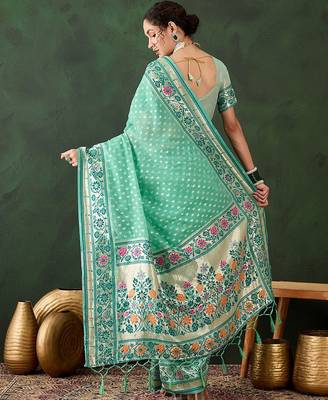Sea green woven design banarasi saree with blouse piece 4