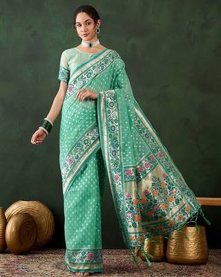 Sea green woven design banarasi saree with blouse piece 5