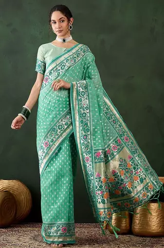 Sea green woven design banarasi saree with blouse piece