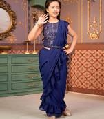 Navy blue saree girl's ruffle saree with embroidered blouse