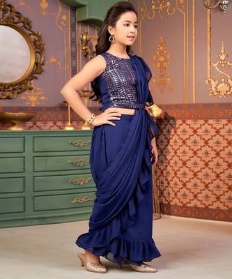 Navy blue saree girl's ruffle saree with embroidered blouse 2