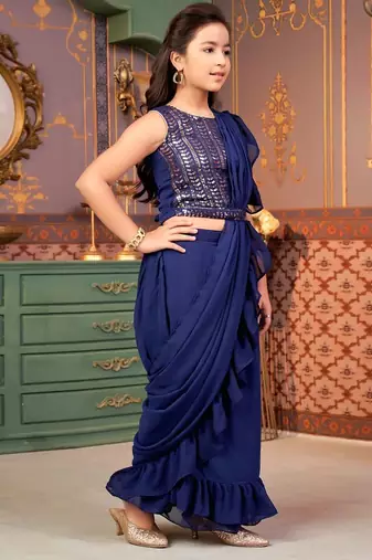 Navy blue saree girl's ruffle saree with embroidered blouse