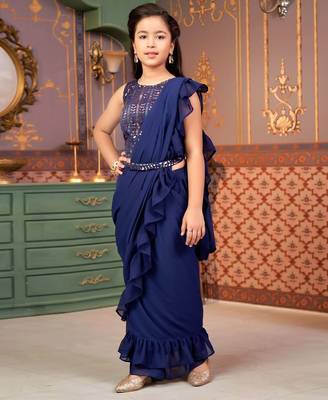 Navy blue saree girl's ruffle saree with embroidered blouse 3