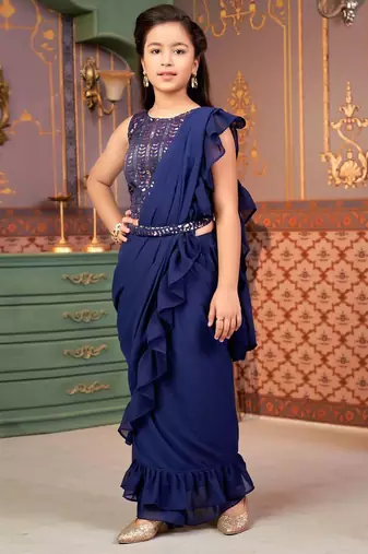 Navy blue saree girl's ruffle saree with embroidered blouse