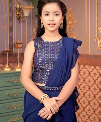 Navy blue saree girl's ruffle saree with embroidered blouse 5