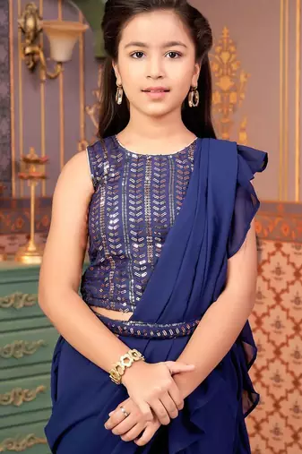 Navy blue saree girl's ruffle saree with embroidered blouse