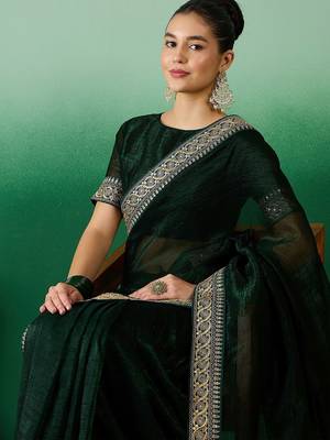 Green zari embroidered sequinned border saree with blouse 1