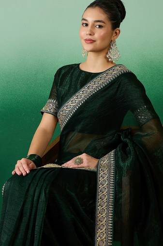 Green zari embroidered sequinned border saree with blouse