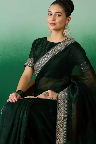Green zari embroidered sequinned border saree with blouse