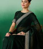Green zari embroidered sequinned border saree with blouse