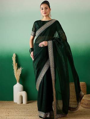 Green zari embroidered sequinned border saree with blouse 2
