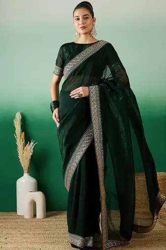 Green zari embroidered sequinned border saree with blouse