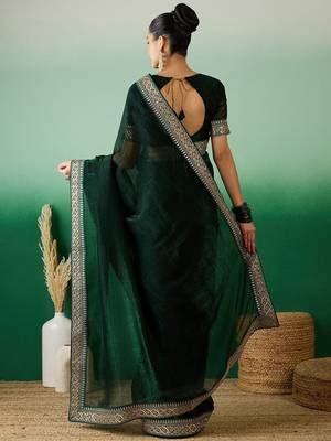 Green zari embroidered sequinned border saree with blouse 3