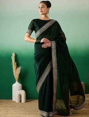 Green zari embroidered sequinned border saree with blouse 4