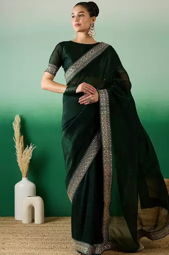 Green zari embroidered sequinned border saree with blouse