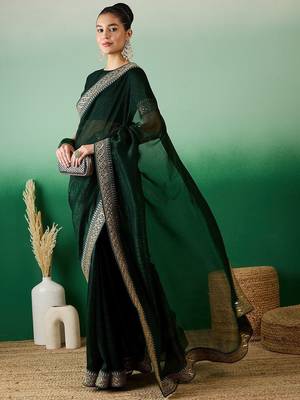 Green zari embroidered sequinned border saree with blouse 5