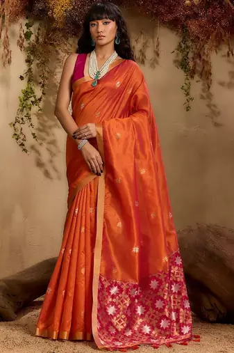 Orange ethnic motifs woven design saree with unstitched blouse