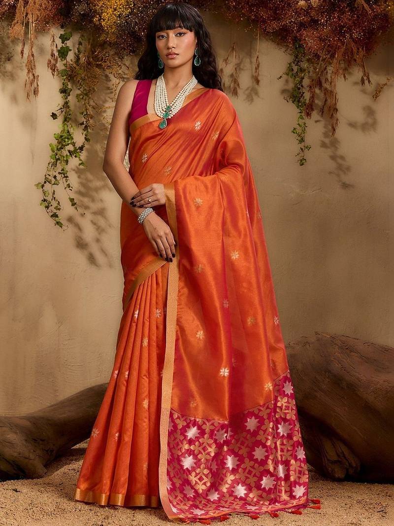 Orange ethnic motifs woven design saree with unstitched blouse