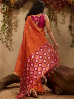 Orange ethnic motifs woven design saree with unstitched blouse 2