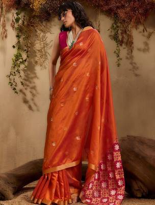 Orange ethnic motifs woven design saree with unstitched blouse 3