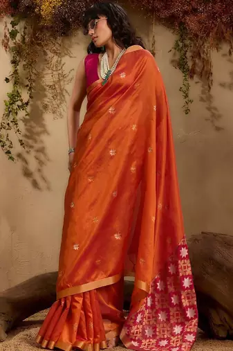 Orange ethnic motifs woven design saree with unstitched blouse