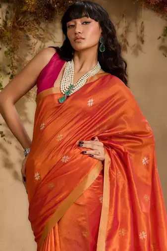 Orange ethnic motifs woven design saree with unstitched blouse