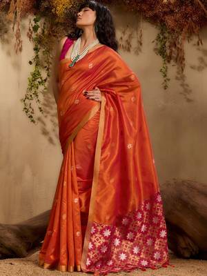 Orange ethnic motifs woven design saree with unstitched blouse 5