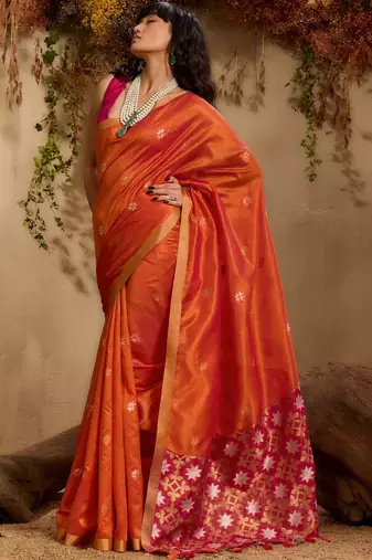 Orange ethnic motifs woven design saree with unstitched blouse