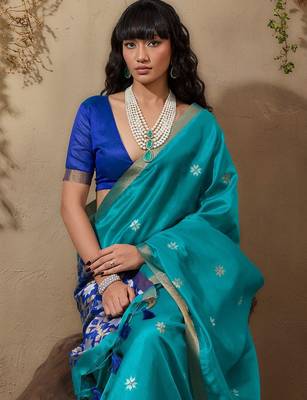 Blue ethnic motifs woven design saree with unstitched blouse 1