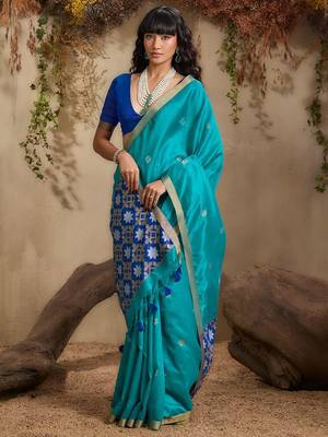 Blue ethnic motifs woven design saree with unstitched blouse 2