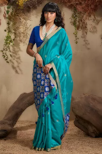 Blue ethnic motifs woven design saree with unstitched blouse