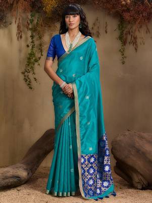 Blue ethnic motifs woven design saree with unstitched blouse 3