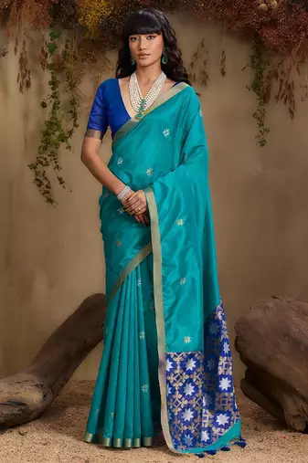 Blue ethnic motifs woven design saree with unstitched blouse