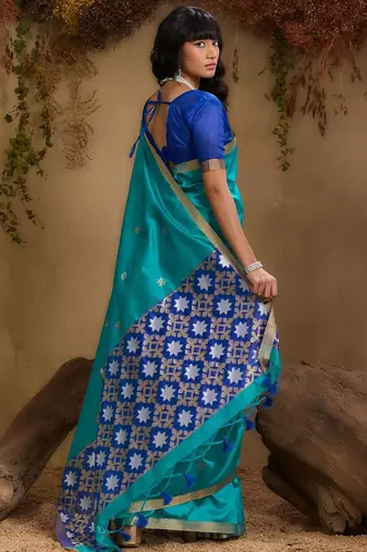Blue ethnic motifs woven design saree with unstitched blouse