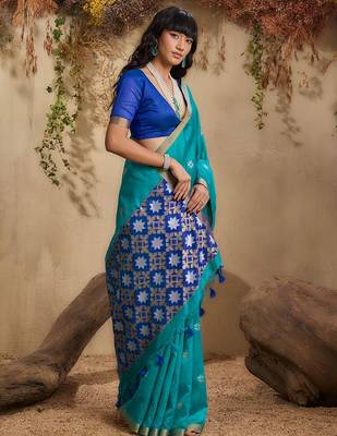 Blue ethnic motifs woven design saree with unstitched blouse 5