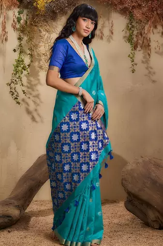 Blue ethnic motifs woven design saree with unstitched blouse