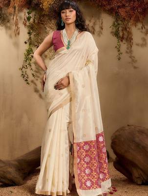 Off white ethnic motifs woven design saree with unstitched blouse 1