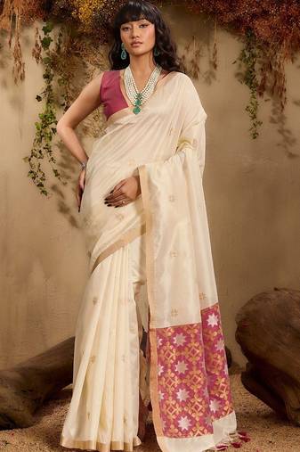 Off white ethnic motifs woven design saree with unstitched blouse