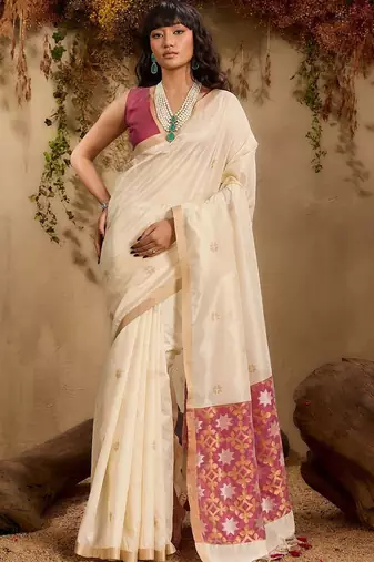 Off white ethnic motifs woven design saree with unstitched blouse