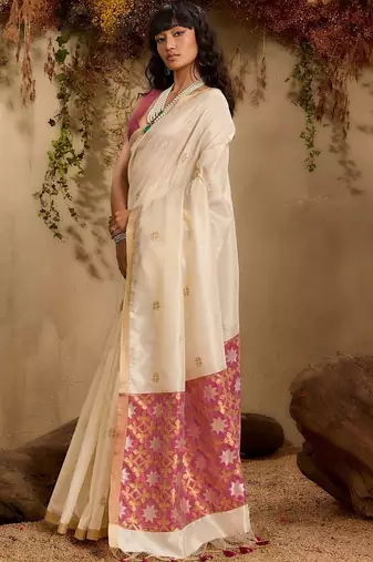 Off white ethnic motifs woven design saree with unstitched blouse