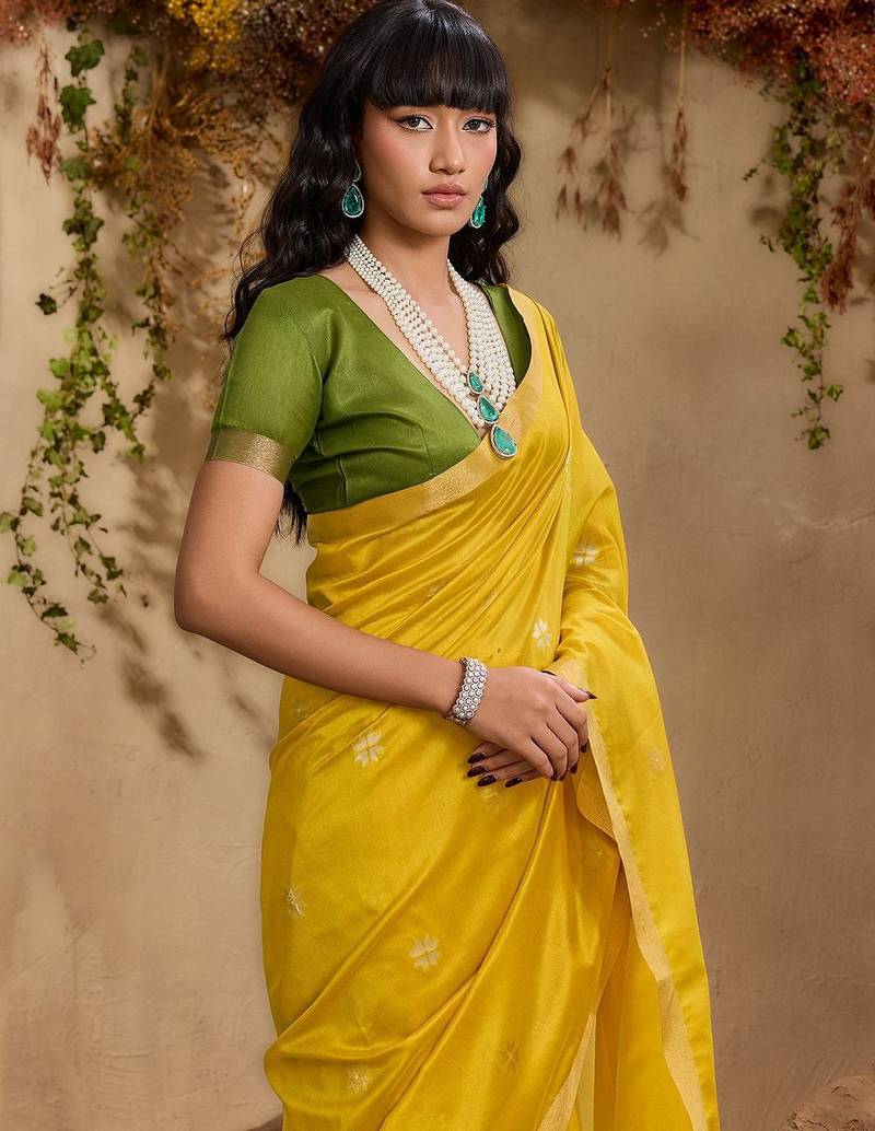 Yellow ethnic motifs woven design saree with unstitched blouse