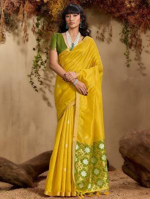 Yellow ethnic motifs woven design saree with unstitched blouse 2