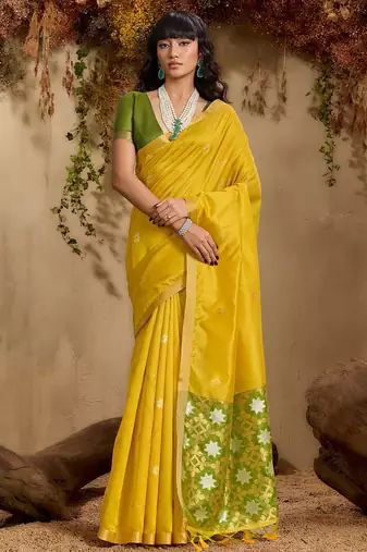 Yellow ethnic motifs woven design saree with unstitched blouse